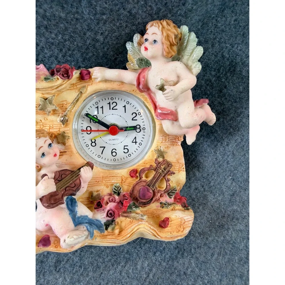 Angel Floral Victorian Cherub Desk Clock Resin Musical WORKS 4